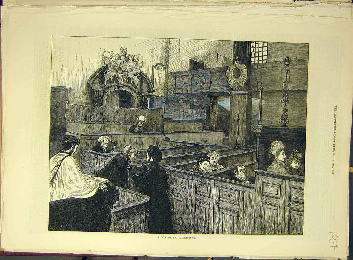 Original Old Antique Print 1872 City Church Congregation People Minister 19th