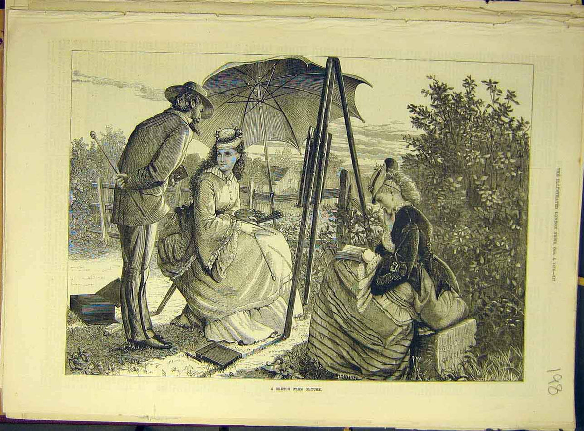 Original Old Antique Print 1872 Sketch Nature Lady Artist Book Man Country 19th