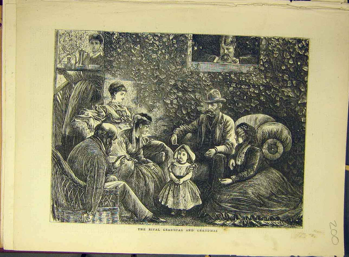 Original Old Antique Print 1871 Rival Grandpa Grandma Child Adults Art Victorian