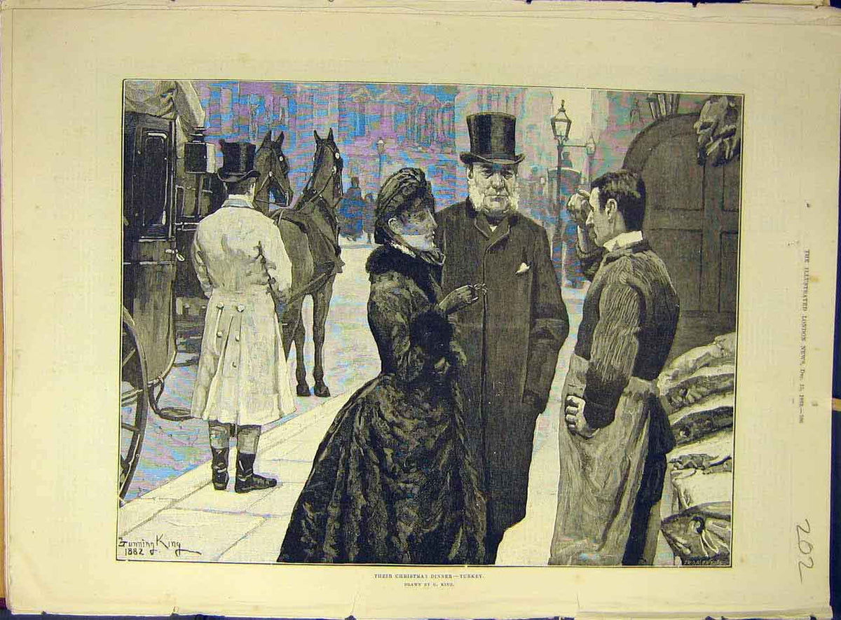Old Antique Print 1883 Chritmas Dinner Turkey G. King Butcher Street Art 19th
