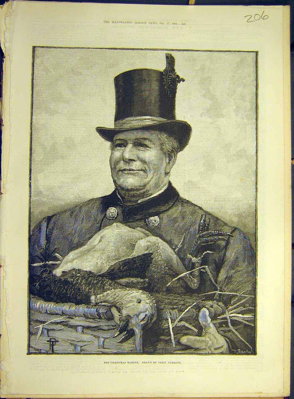 Original Old Antique Print 1884 Christmas Hamper Tarrant Gift Turkey Man 19th