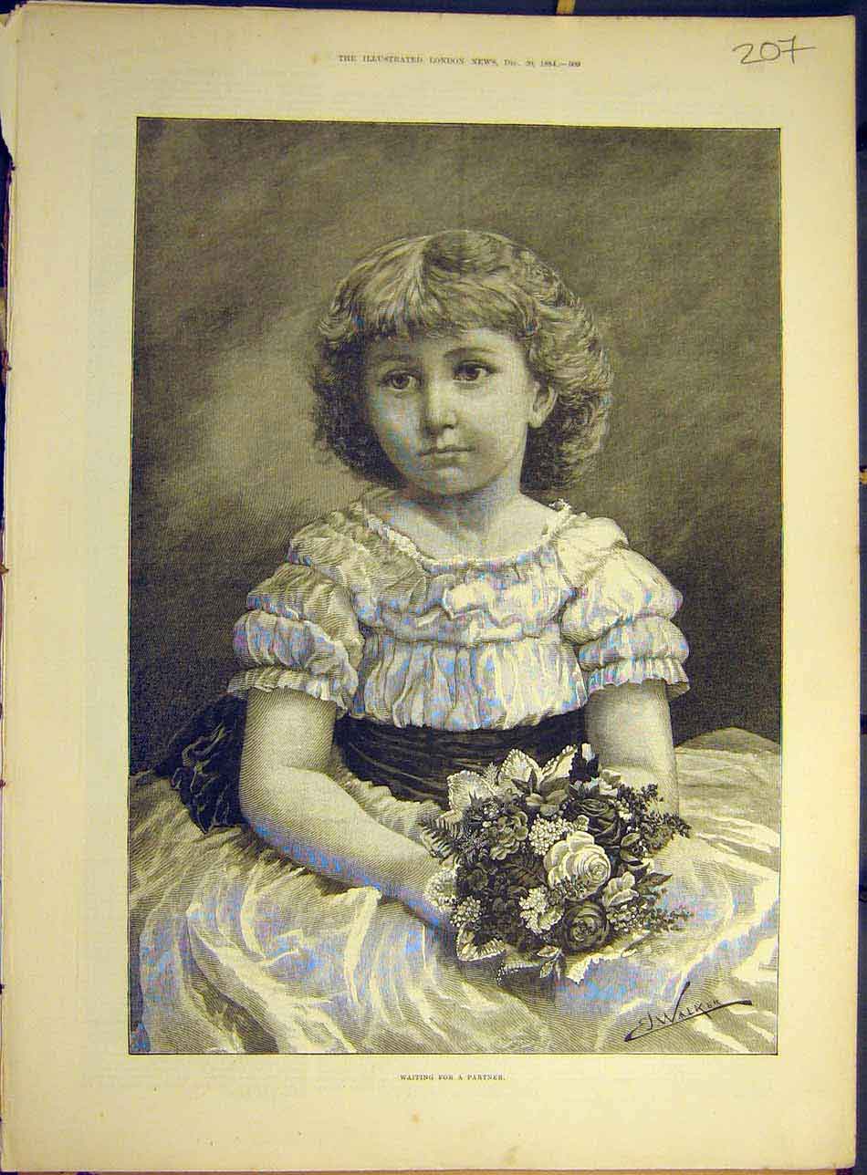 Original Old Antique Print 1884 Waiting-Partner Walker Child Girl Posy Art 19th