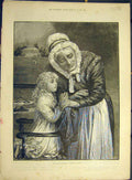 Original Old Antique Print 1884 Hunt Morning Prayer Child -Woman Art Victorian