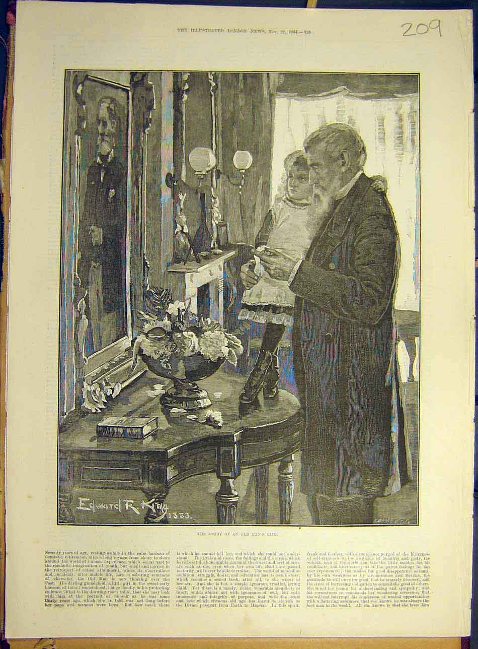 Original Old Antique Print 1884 Story Man Girl Child King Portrait Victorian