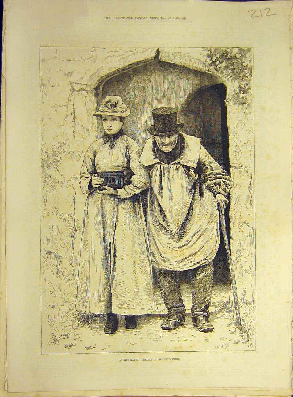 Original Old Antique Print 1885 Gunning-King Gates Man Daughter Lady Fine Art