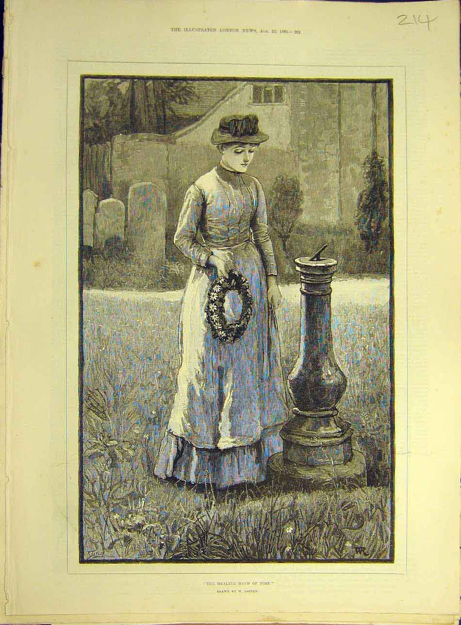 Original Old Antique Print 1885 Healing-Hand Time Rainey Sundial Lady Wreath Art