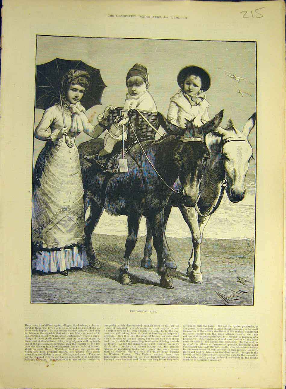 Original Old Antique Print 1885 Moring-Ride Beach Donkey Children Seaside 19th