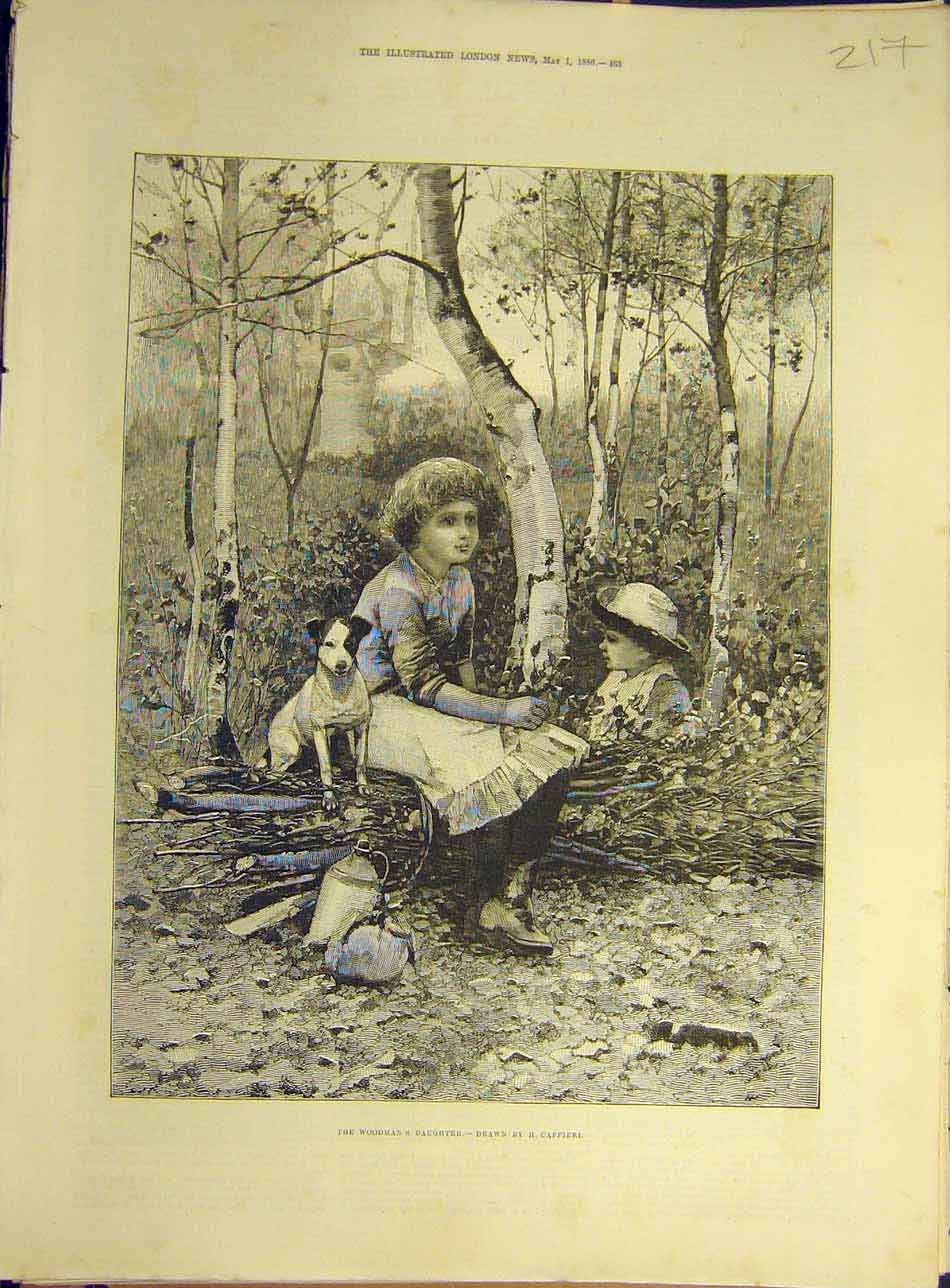 Old Antique Print 1886 Woodman'S Daughter Caffieri Girl Child Dog Forest 19th
