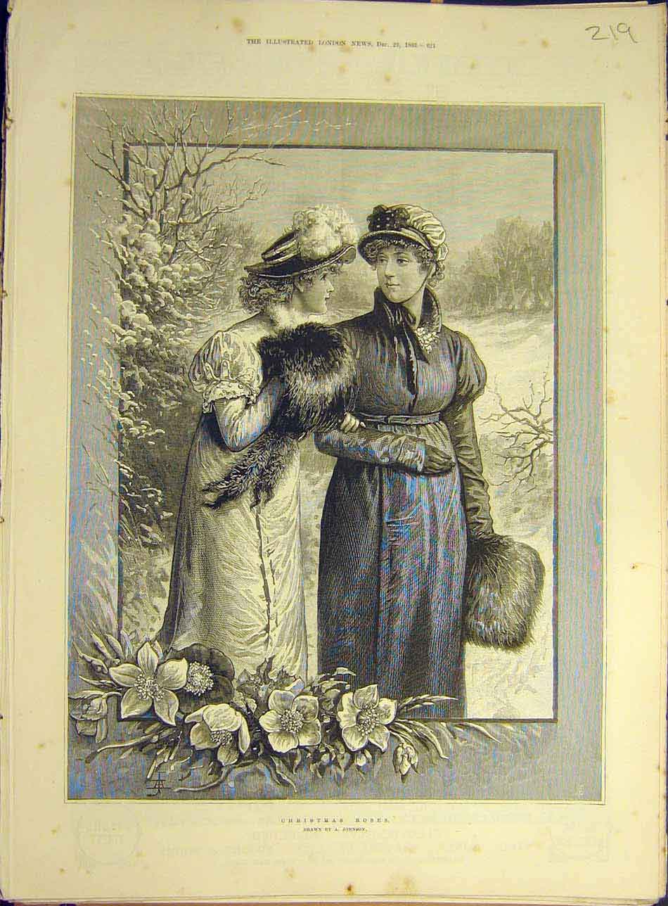 Old Antique Print 1883 Christmas Roses Johnson Ladies Flower Snow Winter 19th