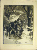 Original Old Antique Print 1883 Church-Path Hunt Family Snow Winter Victorian