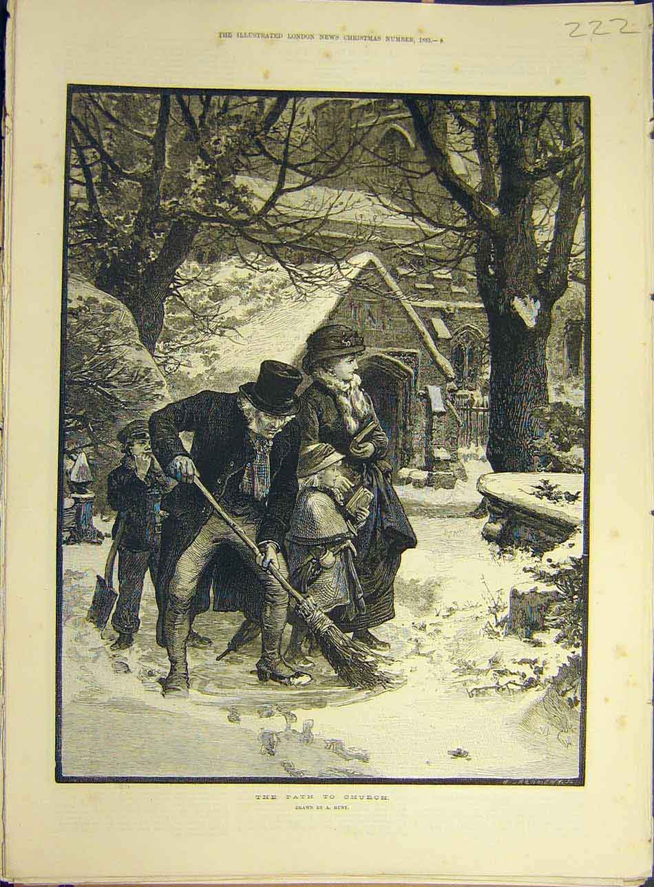 Original Old Antique Print 1883 Church-Path Hunt Family Snow Winter Victorian
