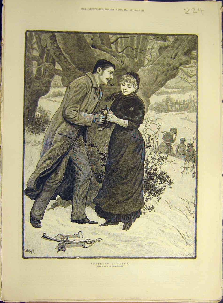 Original Old Antique Print 1883 Striking-Match M'Cutcheon Lady Man Pipe 19th