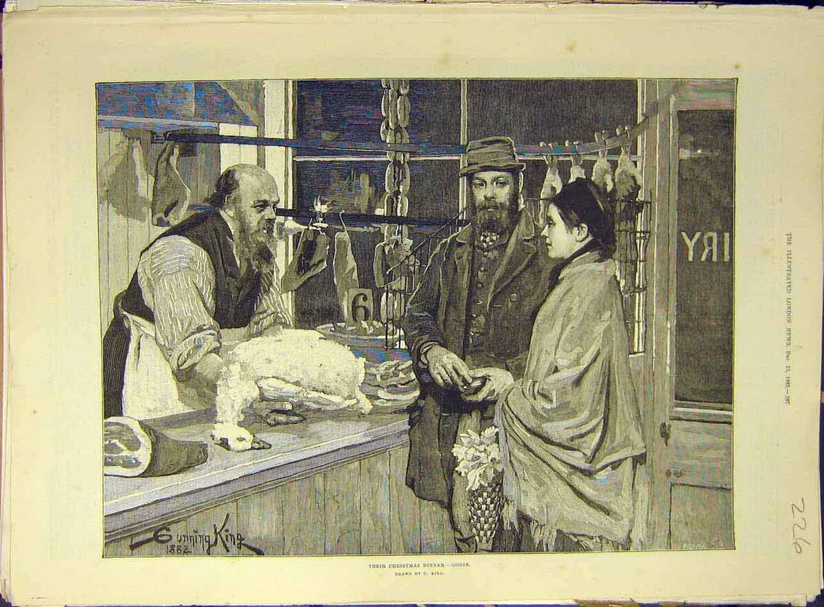 Original Old Antique Print 1883 Christmas Dinner Goose King Butcher Victorian