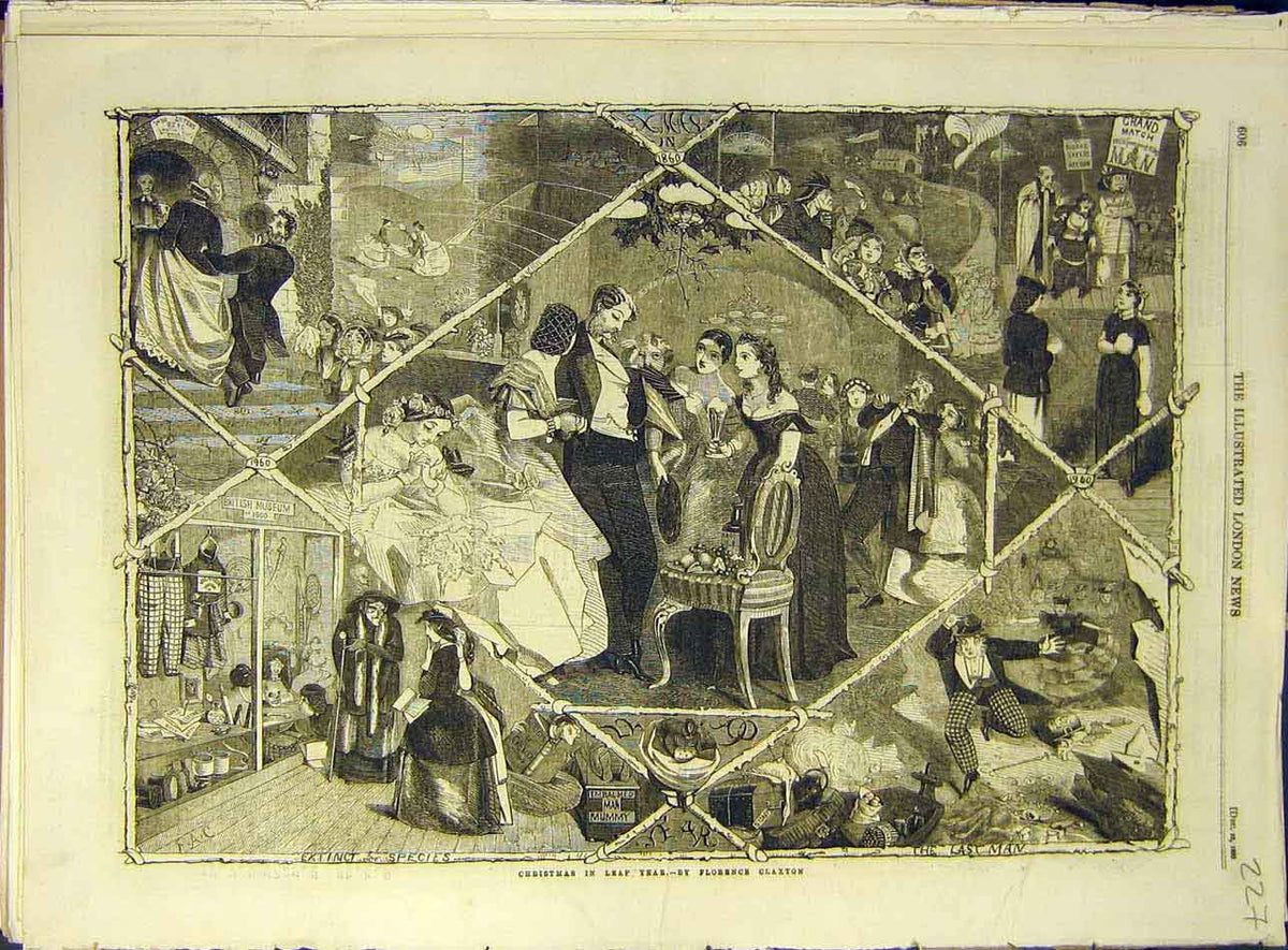 Original Old Antique Print 1860 Christmas Leap Year Claxton Sketch Victorian