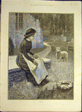 Original Old Antique Print 1886 Orphans Lamb Sheep Child Girl Grave Fine Art
