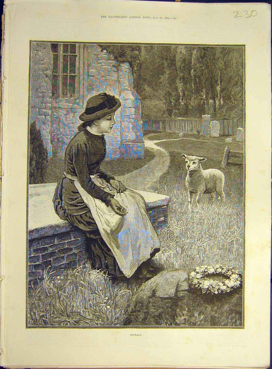 Original Old Antique Print 1886 Orphans Lamb Sheep Child Girl Grave Fine Art