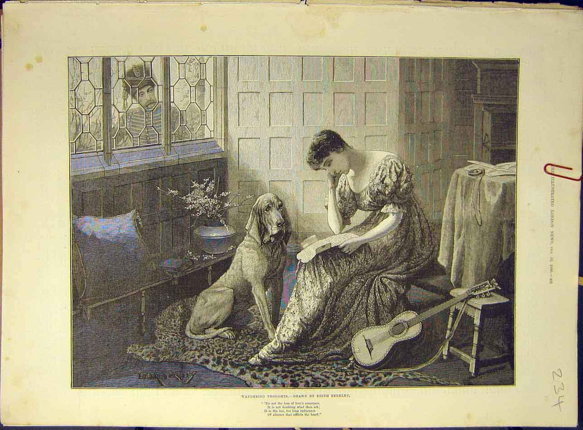 Original Old Antique Print 1886 Berkley Wandering-Thoughts Lady Hound Letter