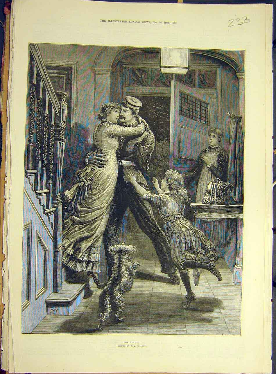 Original Old Antique Print 1882 The-Return Wlaker Sier Home-Coming Art Victorian
