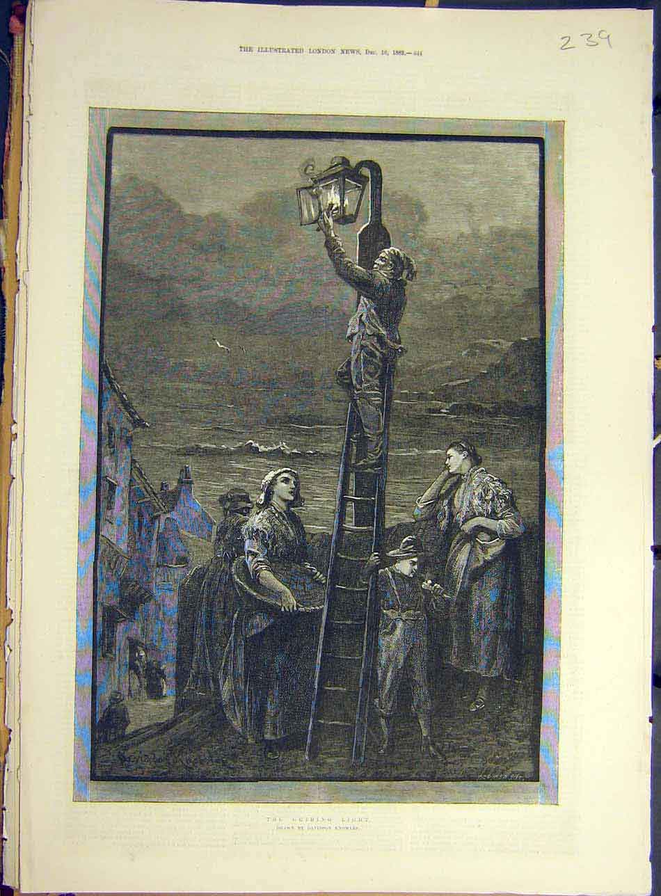 Original Old Antique Print 1882 Guiding-Light Street-Lamp Knowles Ladies Lighter