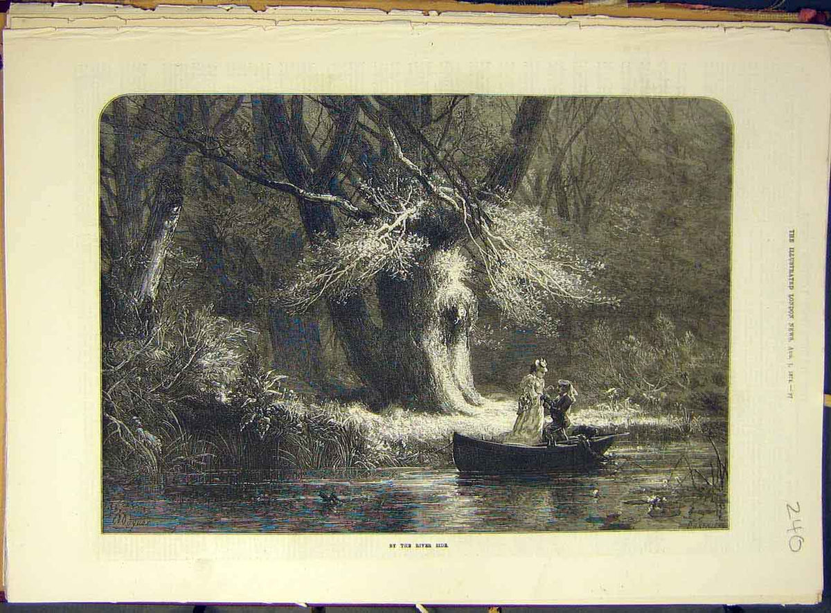 Original Old Antique Print 1874 River-Side Boat Romantic Fine Art 19th