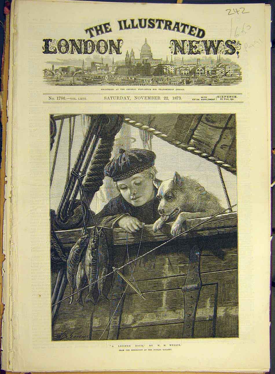 Original Old Antique Print 1873 Leisure-Hour Wyllie Boy Fishing Boat Dog Fishing