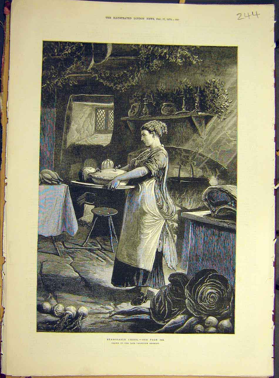 Old Antique Print 1879 Seasonable-Cheer Bromley Christmas Dinner Kitchen 19th