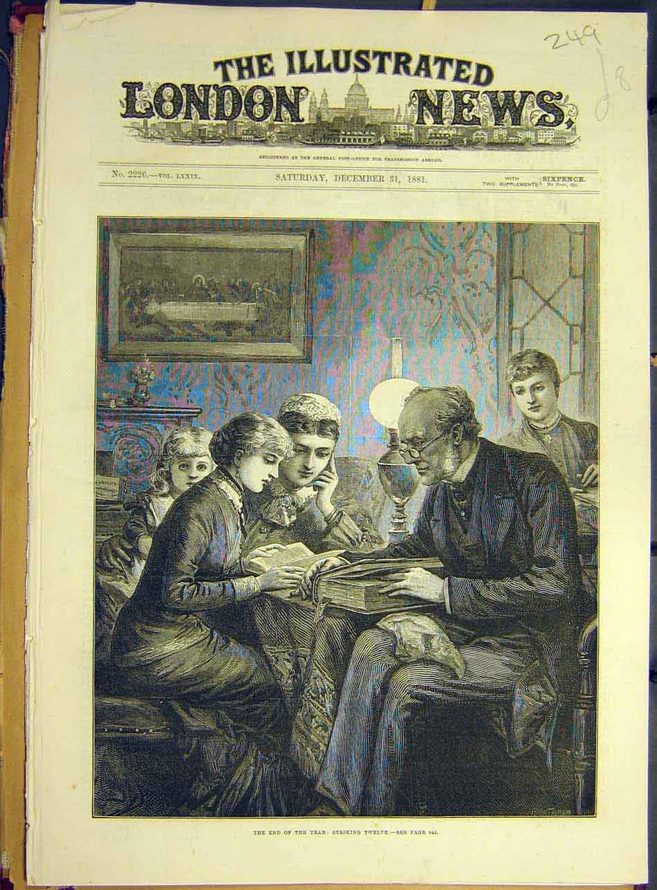 Original Old Antique Print 1881 Year-End Twelve-Midnight Ladies Man New-Year-Eve