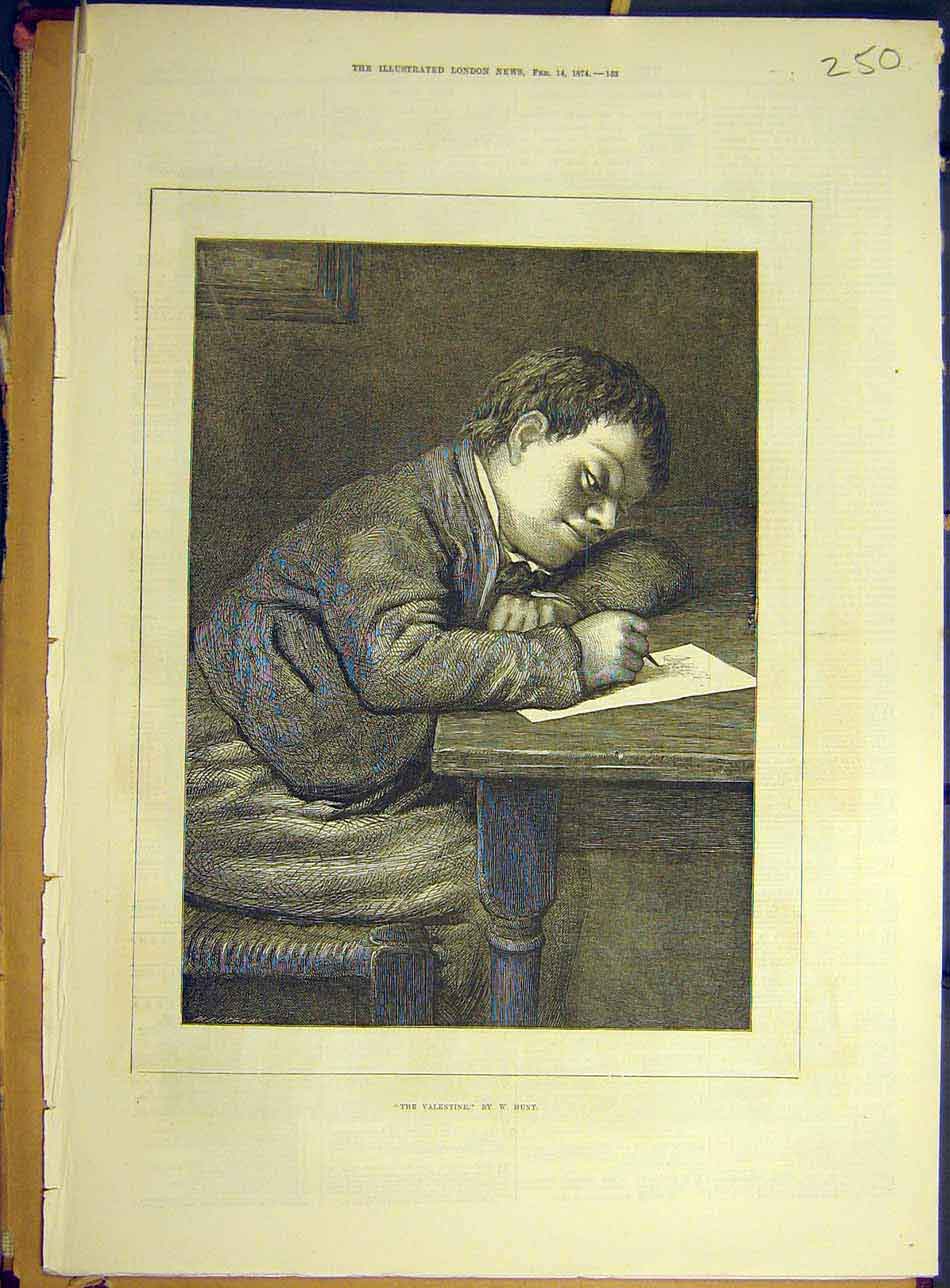 Original Old Antique Print 1874 Valentine Hunt Boy Romantic Letter Art Victorian