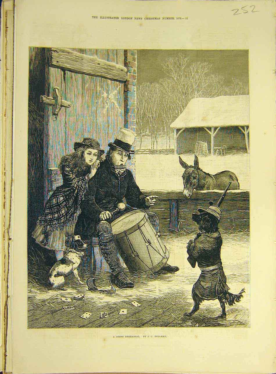 Old Antique Print 1876 Dress-Rehearsal Dollman Dog Fancy Drum Performance 19th