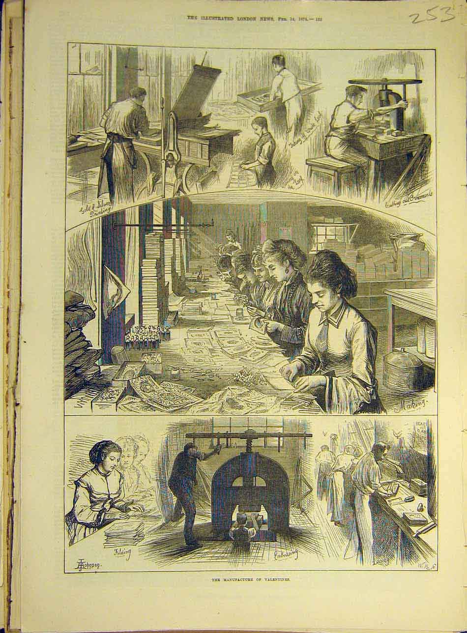 Original Old Antique Print 1874 Manufacture Valentines Cards Ladies Er Victorian