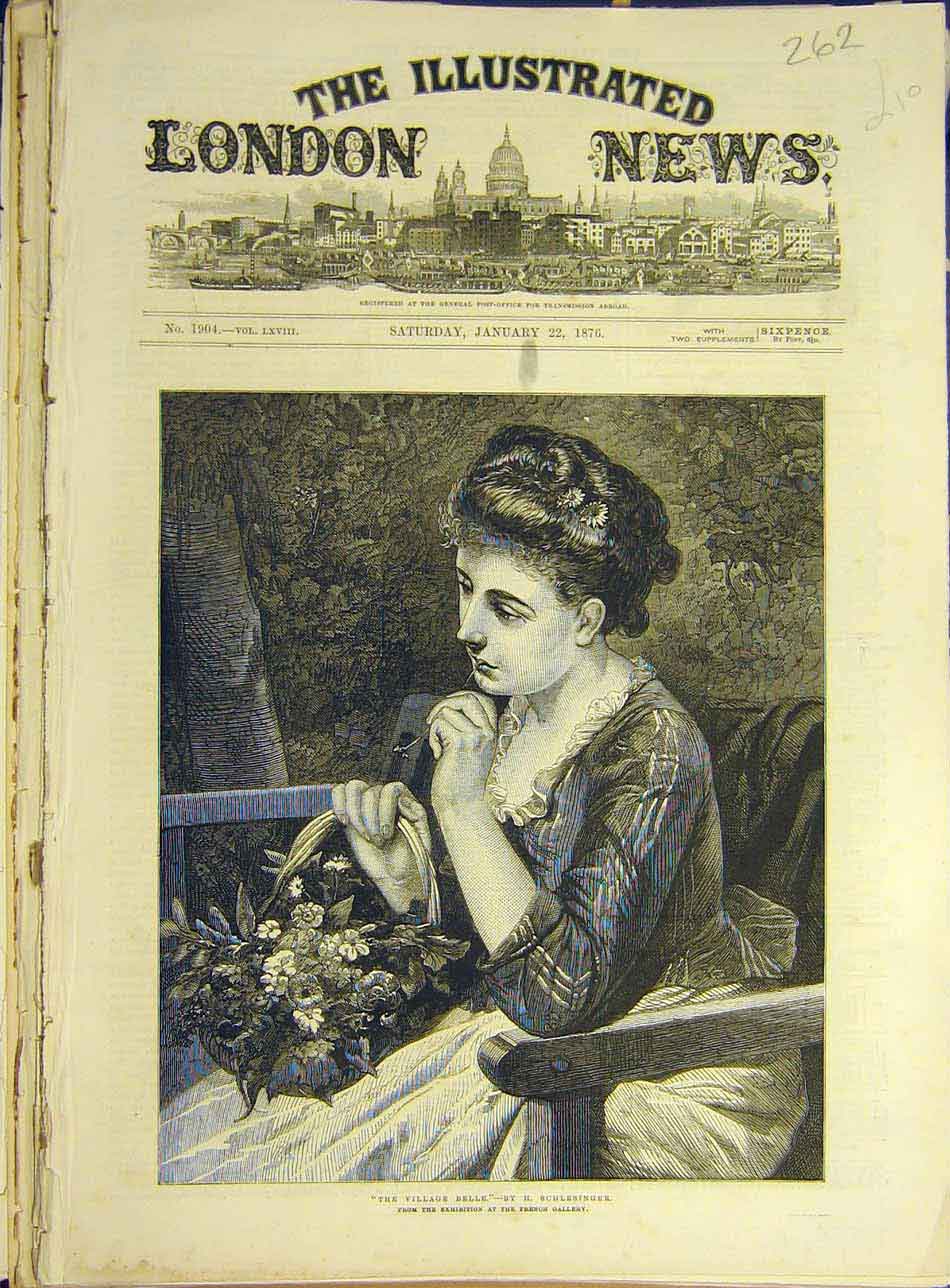 Old Antique Print 1876 Village-Belle Schlesinger Lady Basket Flowers Art 19th
