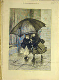 Original Old Antique Print 1877 Never-Mind Christmas Children Rain Umbrella 19th