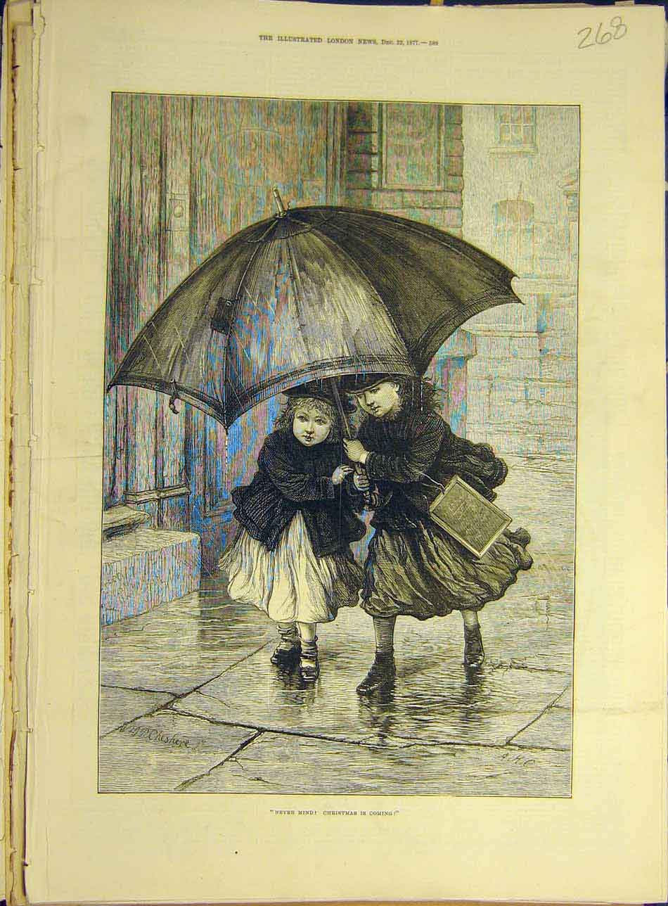 Original Old Antique Print 1877 Never-Mind Christmas Children Rain Umbrella 19th