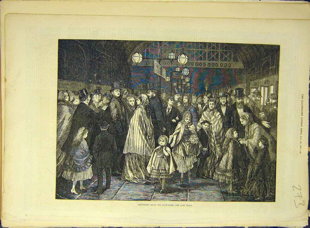 Original Old Antique Print 1871 Pantomime Last-Train Station People Children