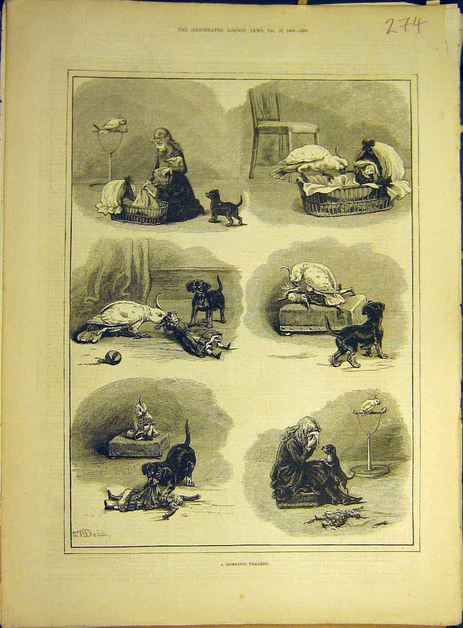 Original Old Antique Print 1884 Domestic-Tragedy Doll Dog Child Girl Dadd 19th