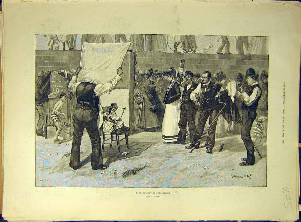 Old Antique Print 1892 Bank-Holiday Seaside Mcfall Beach Baby Photograph 19th