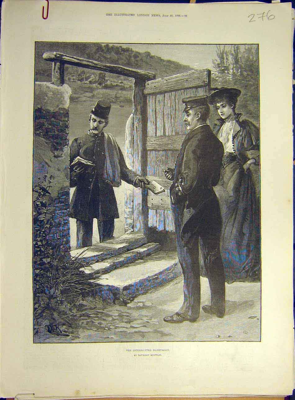 Original Old Antique Print 1893 Interrupted-Honeymoon Lady Sier Postman Knowles