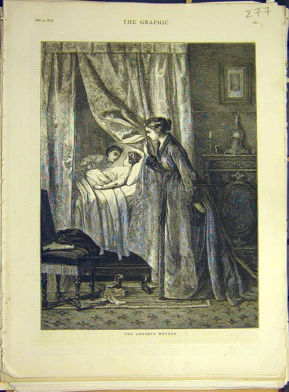 Original Old Antique Print 1875 Anxious-Mother Children Bed-Room Fine Art 19th