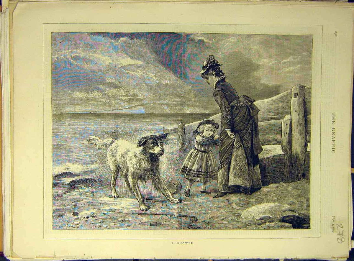 Original Old Antique Print 1875 Shower Wet-Dog Child Lady Beach Fine Art 19th