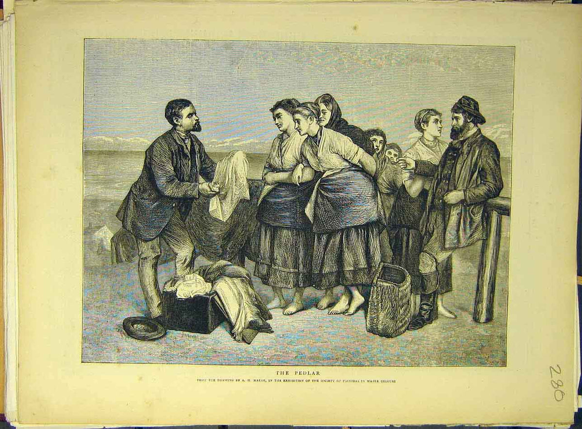 Original Old Antique Print 1871 Pedlar Marsh Selling Wares Ladies Fine Art 19th