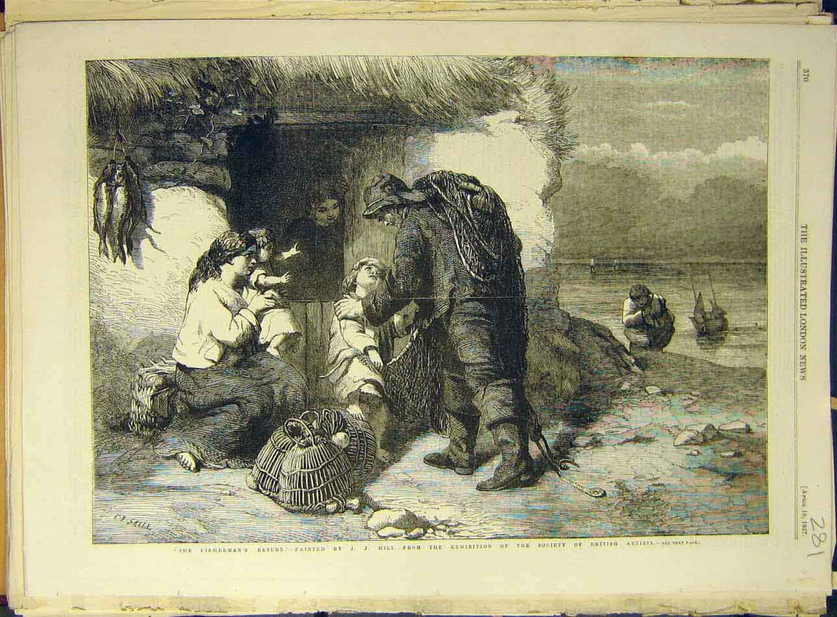 Original Old Antique Print 1857 Fisherman'S Return Hill Family Cottage Beach Art