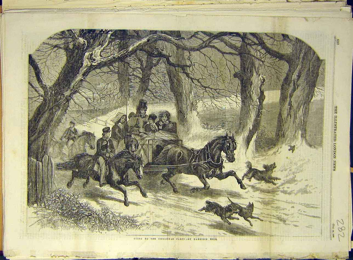 Original Old Antique Print 1859 Christmas Party Weir Horse Carriage Family Dogs