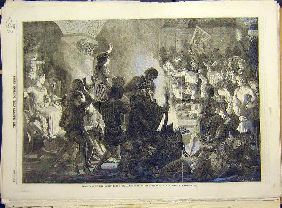 Original Old Antique Print 1859 Christmas Saxon-Times King-Winter Corbould 19th