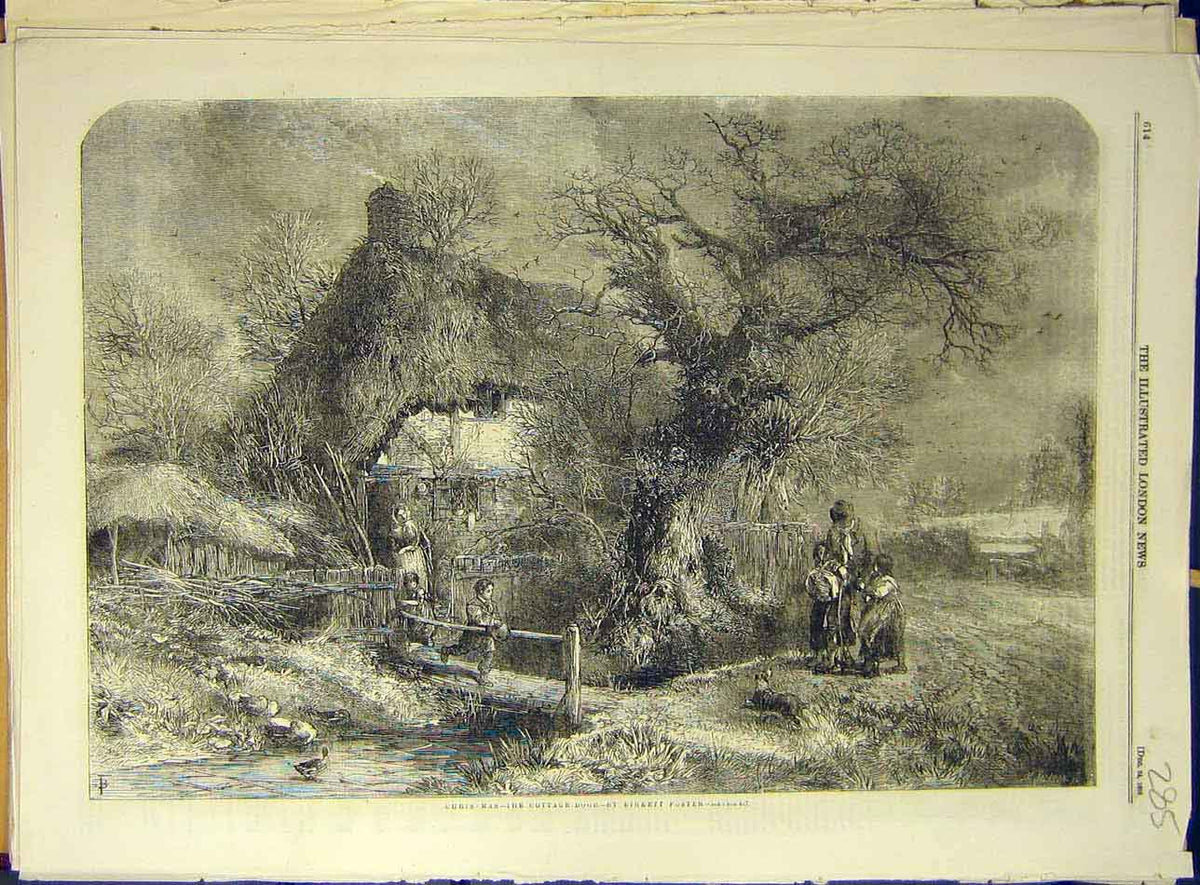 Original Old Antique Print 1859 Christmas Cottage Door Foster Fine Art Victorian