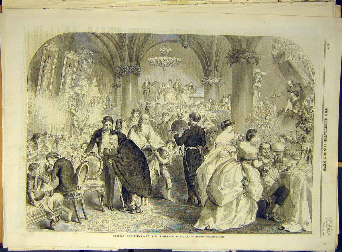 Original Old Antique Print 1859 Utopian Christmas Claxton Fine Art Victorian