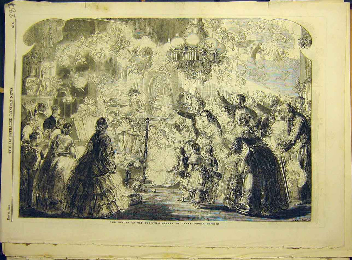 Original Old Antique Print 1858 -Christmas Return Godwin Sketch Children Dream