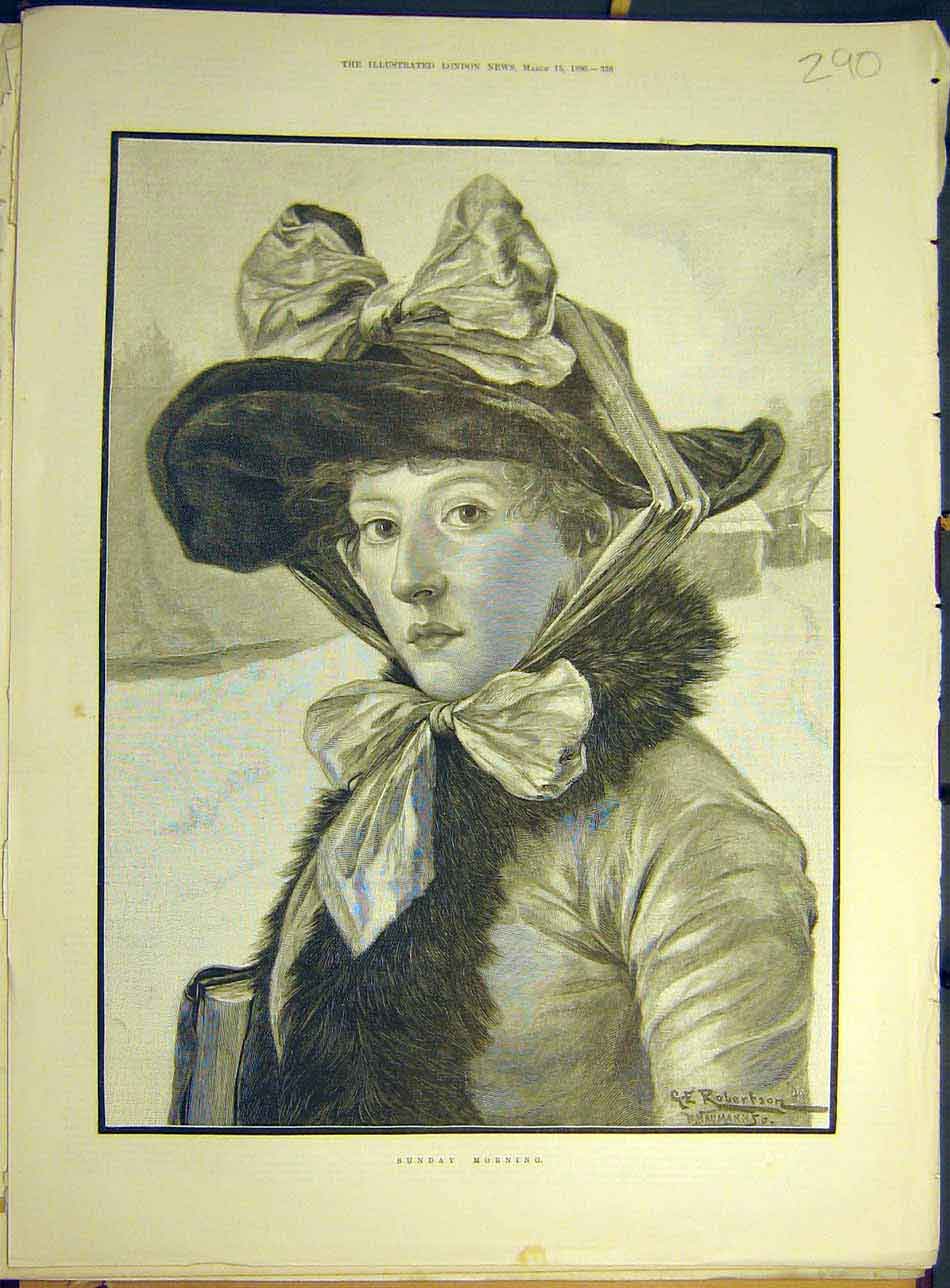 Original Old Antique Print 1890 Sunday-Morning Lady Bonnet Hat Fine Art 19th