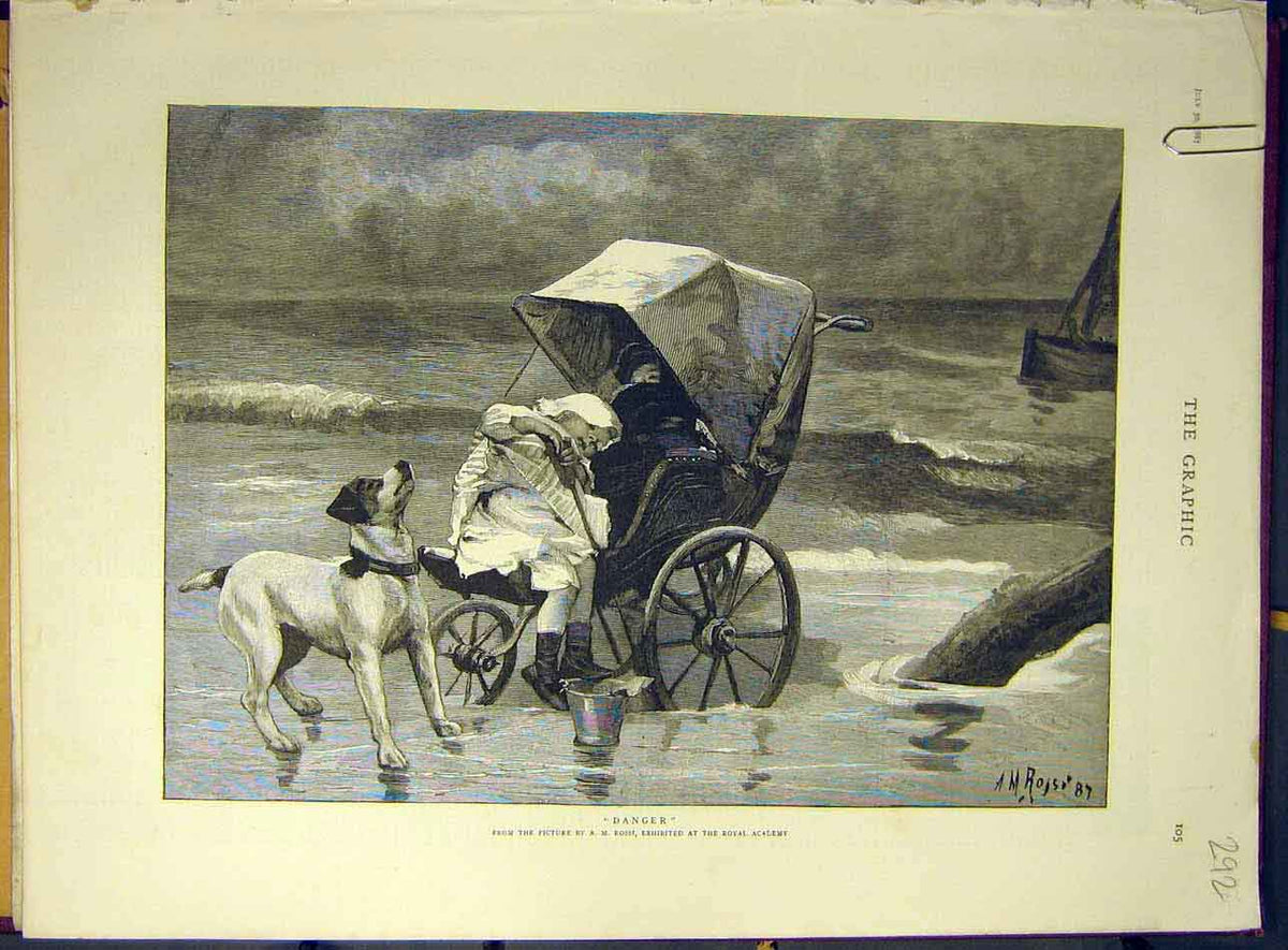 Original Old Antique Print 1887 Danger Rossi Child Baby Dog Beach Sea Pram 19th