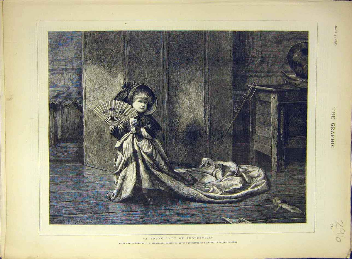 Original Old Antique Print 1878 Young-Lady Properties Staniland Child Robe Fan