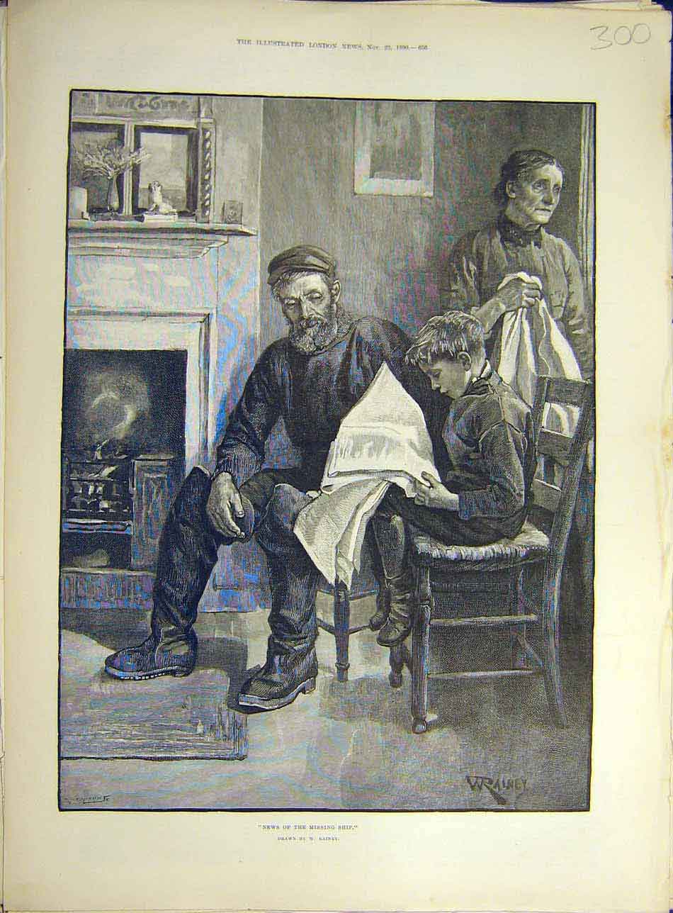 Original Old Antique Print 1890 Missing-Ship News Rainey Boy Man Lady Victorian